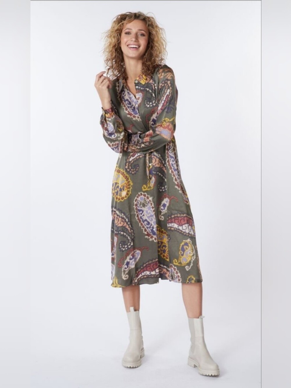 Esqualo Olive Green Paisley Satin Midi Shirt Dress, Size 6